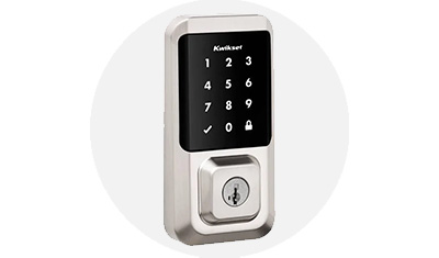 Kwikset Halo Collection Electronic Deadbolt product isolated on top of a gray circle